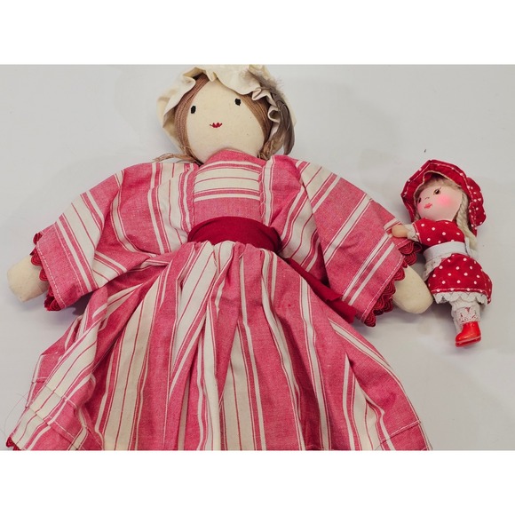 VINTAGE Handmade Ragdoll Folk Art Doll Red Striped Dress White Trousers 15.5" - Picture 3 of 7